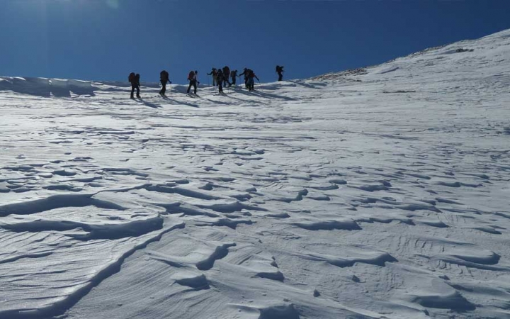 a group of veterans snowshoe across a snow covered landscape under a blue sky